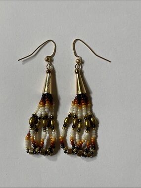 Brass, Brown, and White Beaded Tassel Drop Earrings